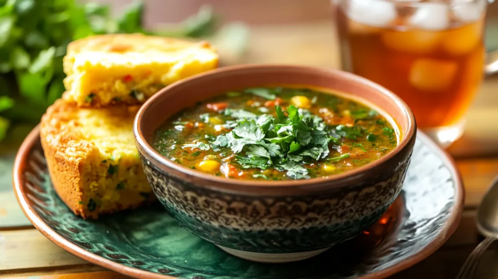 A beautifully served bowl of soup garnished with fresh herbs and paired with cornbread and a refreshing drink.