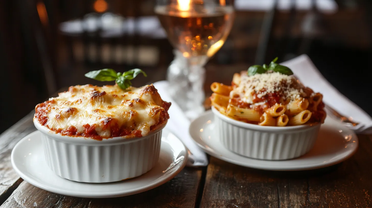 A close-up of baked ziti and penne alla vodka in vibrant lighting.