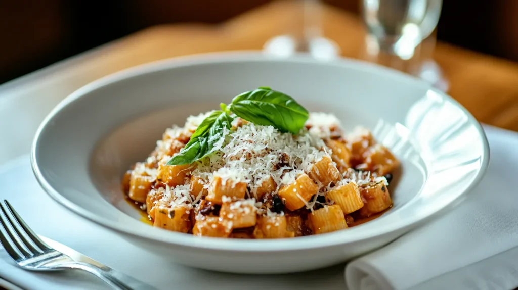 A plated dish of pasta garnished with basil and Parmesan cheese.