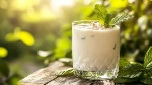 A refreshing glass of cold yogurt drink garnished with mint leaves.