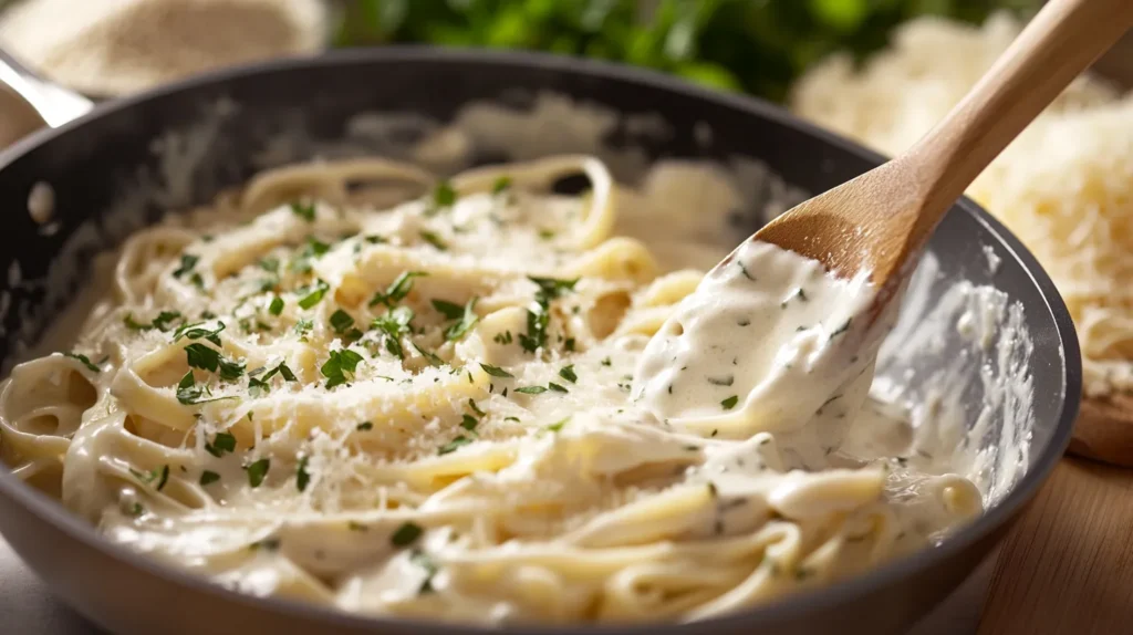 Creamy Alfredo sauce cooking in a skillet with a wooden spoon.