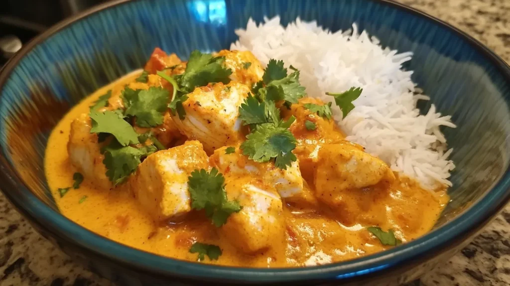 A bowl of rockfish curry with coconut milk and fresh cilantro.