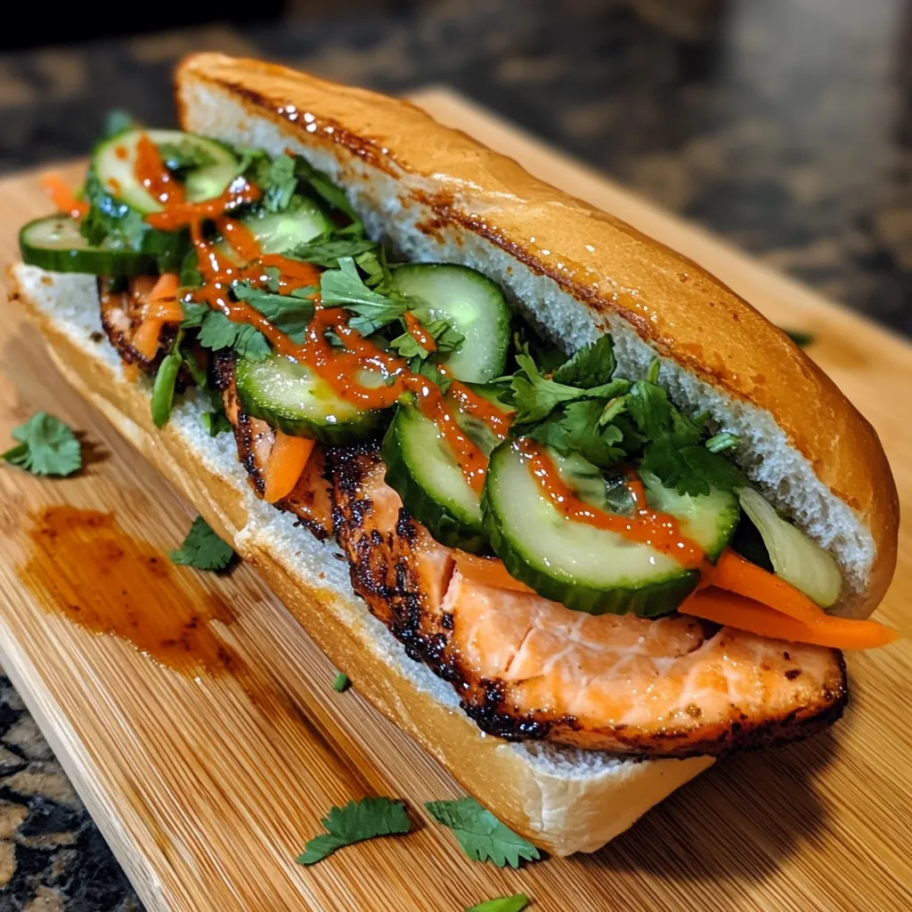 Asian-style salmon banh mi sandwich with pickled vegetables and cilantro.