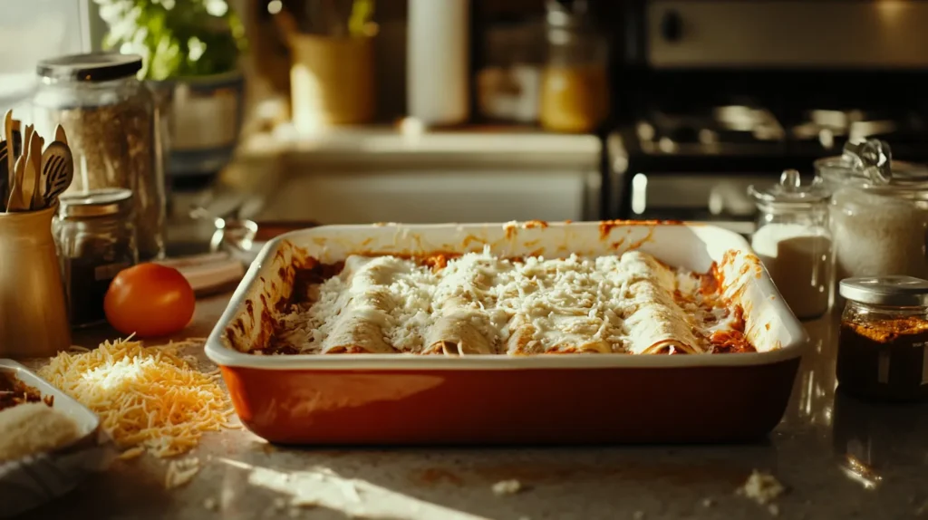 Rolled chicken enchiladas in a baking dish before baking