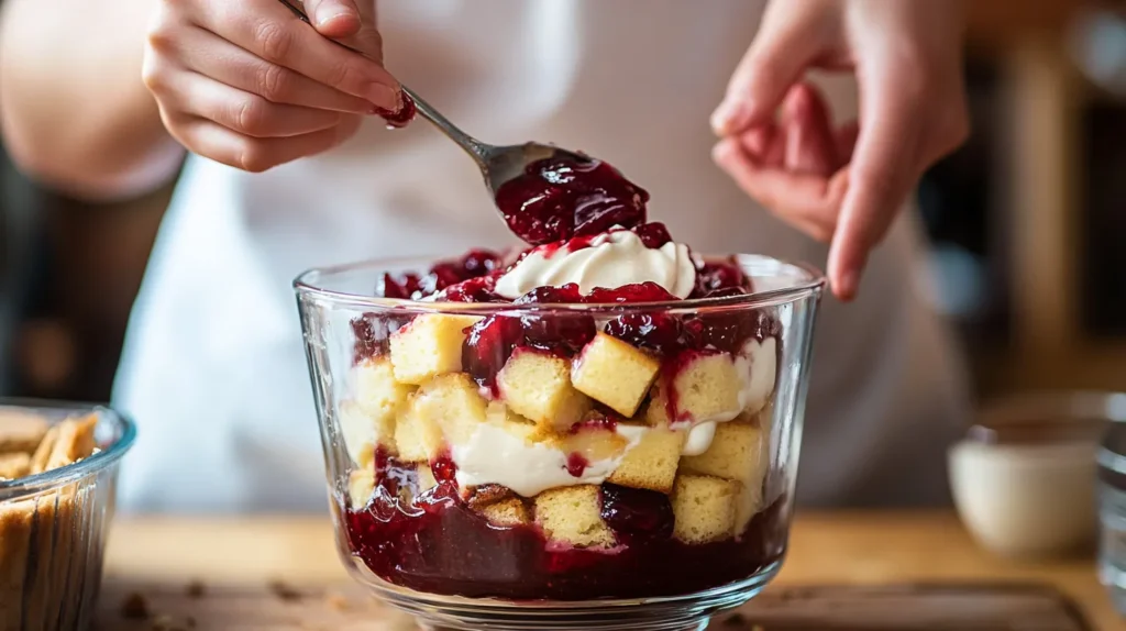 A baker assembling Heaven on Earth Cake with cake cubes, cherry filling, and creamy pudding in a glass dish.