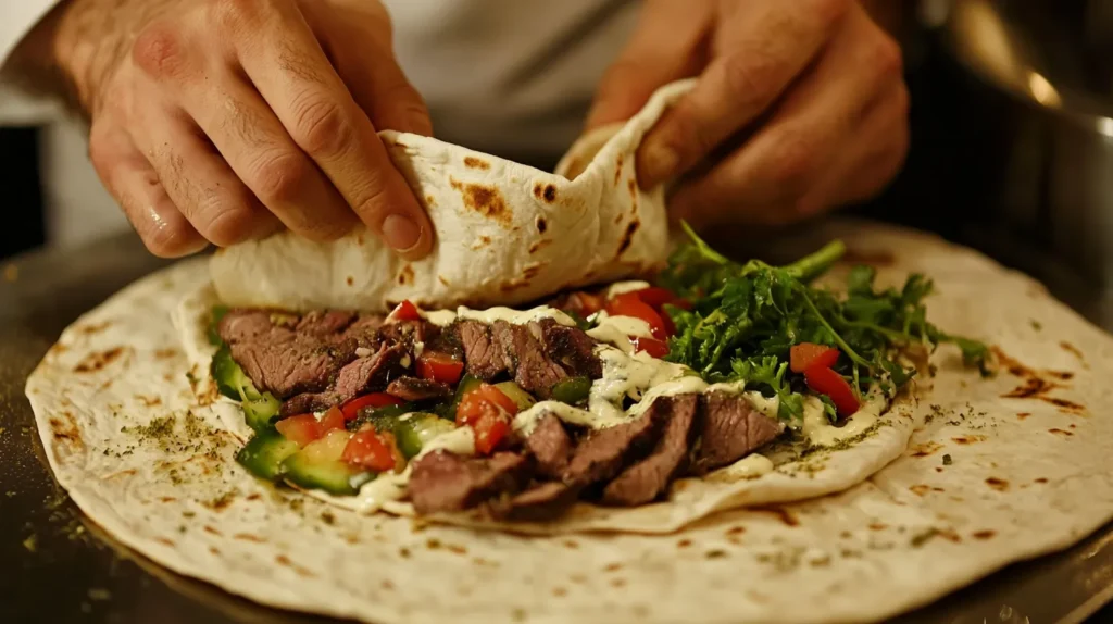 A fully assembled beef shawarma wrap with fresh toppings.