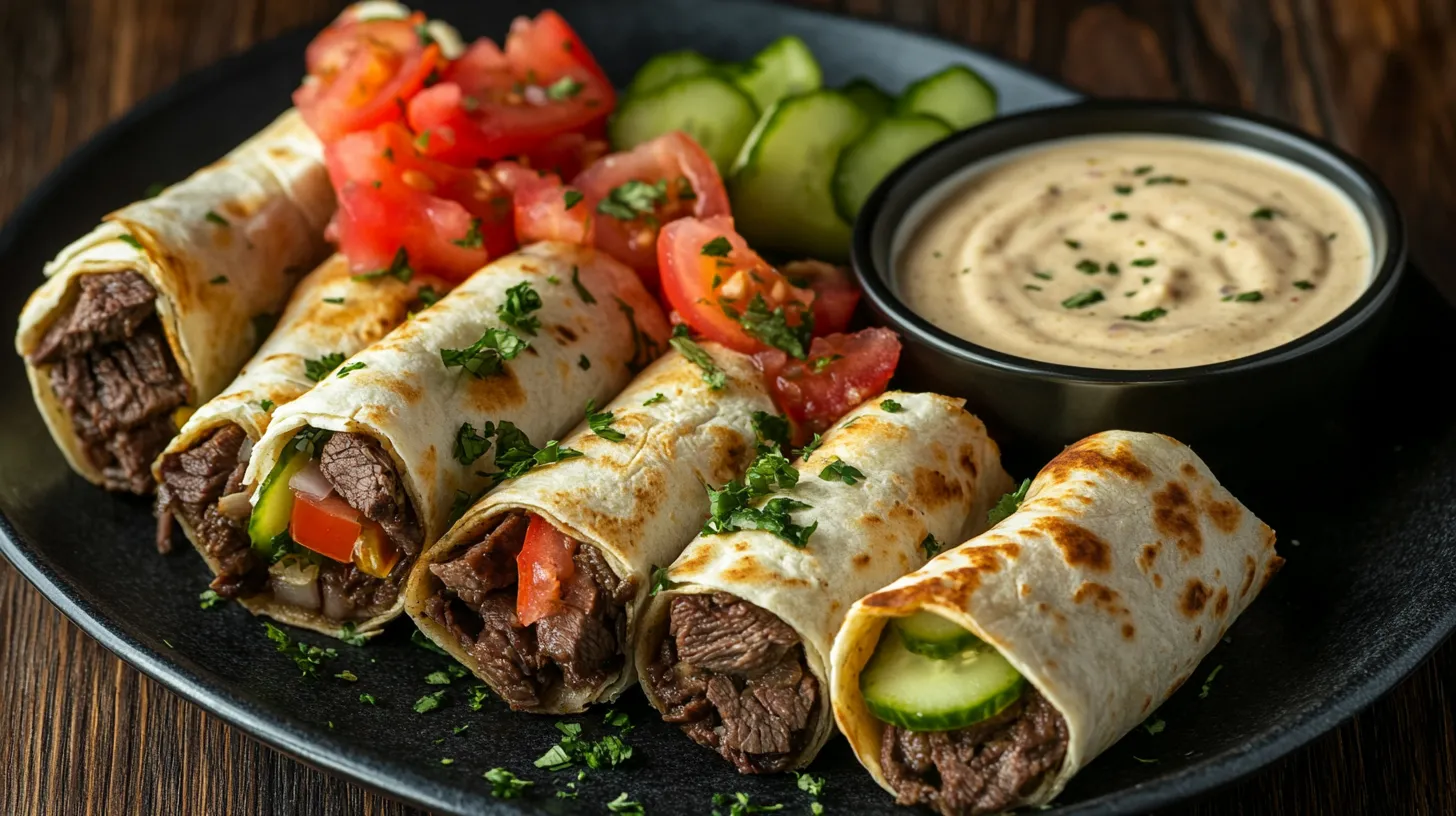 Juicy beef shawarma wraps with fresh vegetables and creamy sauce.