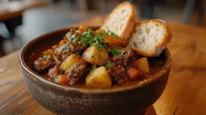 Bowl of authentic goulash with rich paprika sauce.