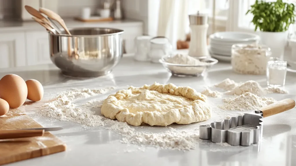 Dough sticking to a cutter with flour on a messy countertop.