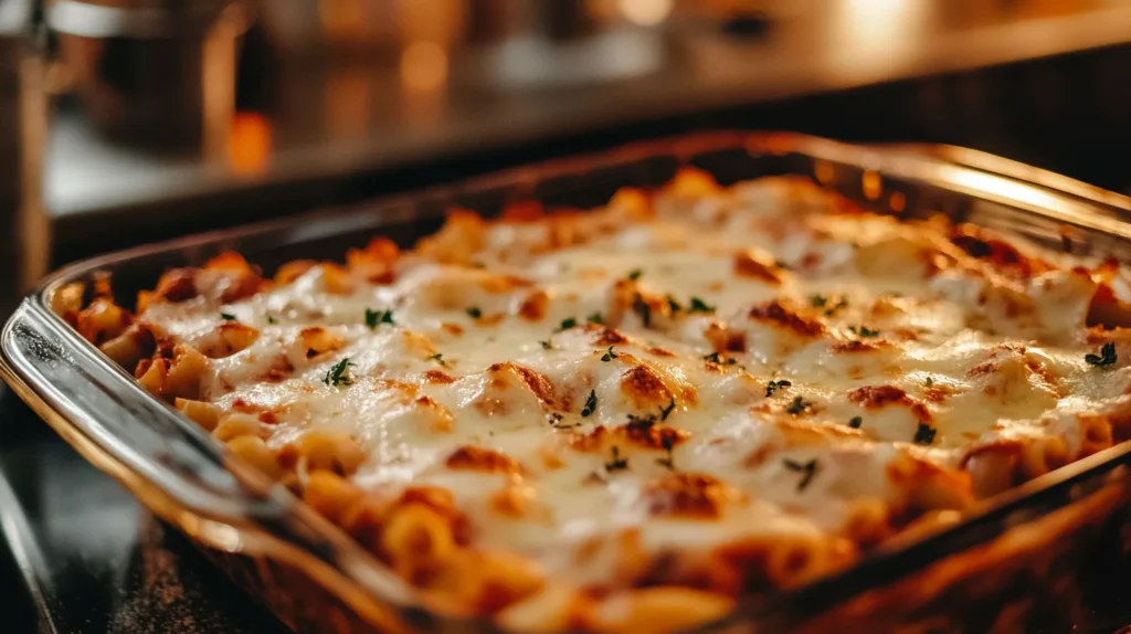 Baked ziti fresh out of the oven with golden-brown cheese.