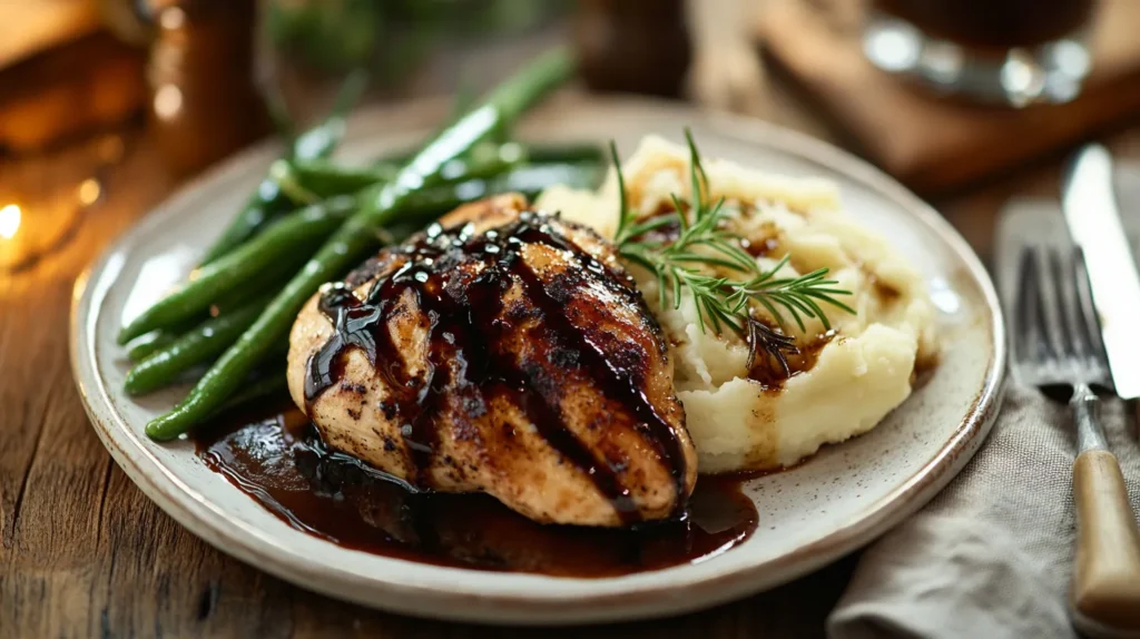 Balsamic chicken served with mashed potatoes and green beans.