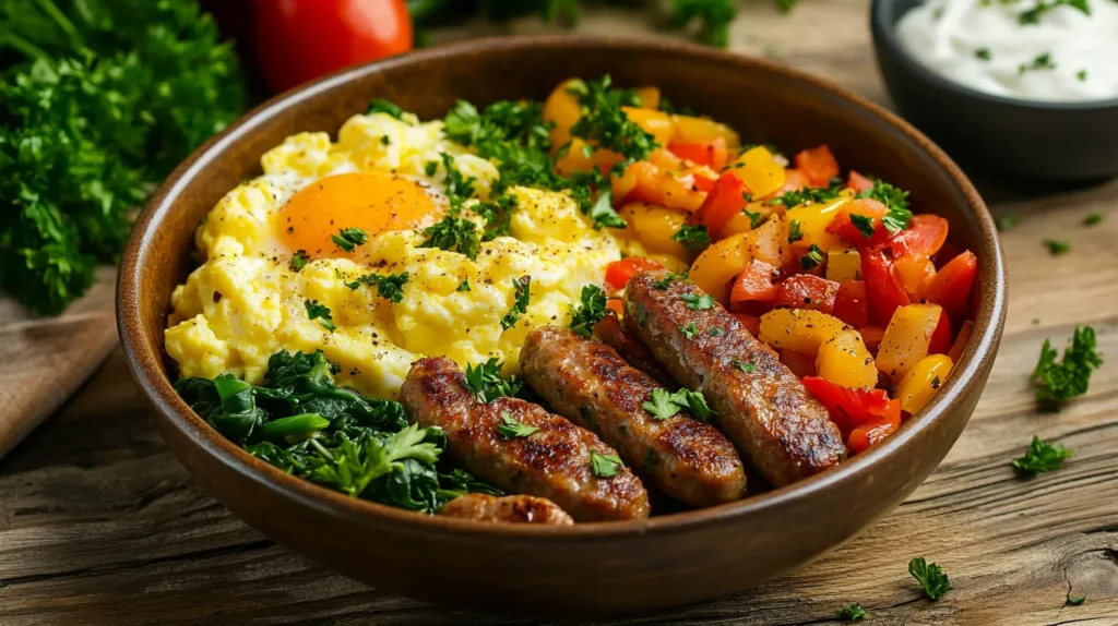 Beef sausage and egg breakfast bowl with sautéed vegetables.