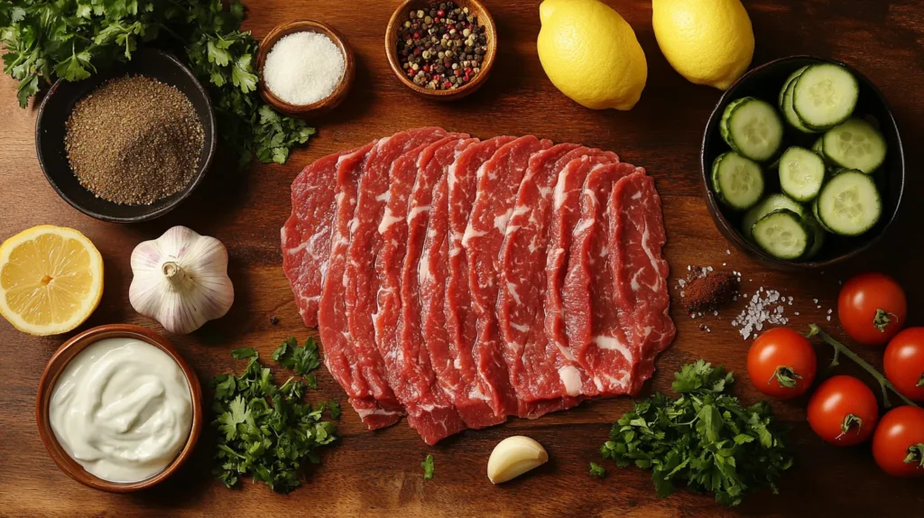 Fresh ingredients for a beef shawarma recipe on a wooden table.