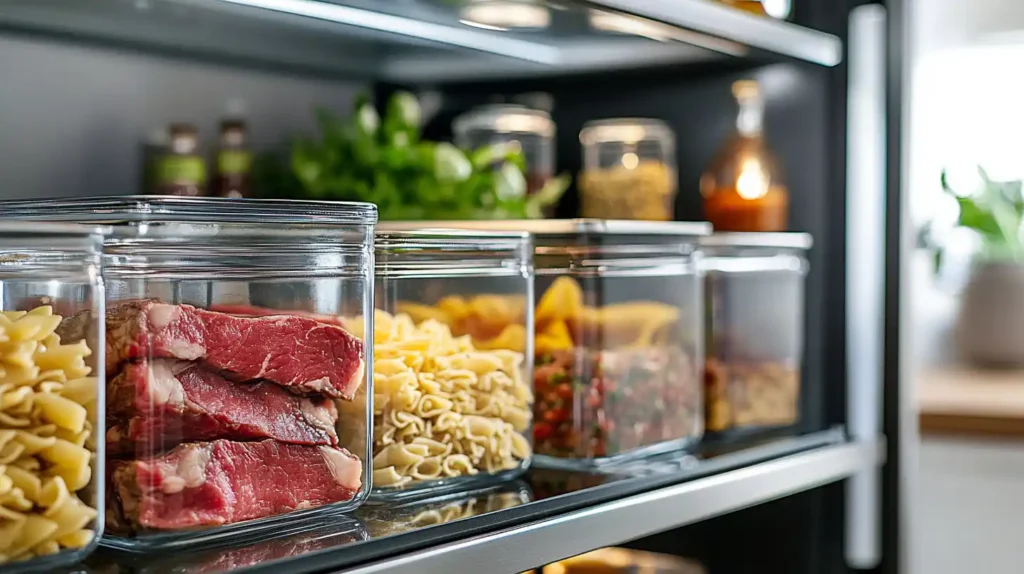 Airtight containers storing steak and pasta in a fridge.