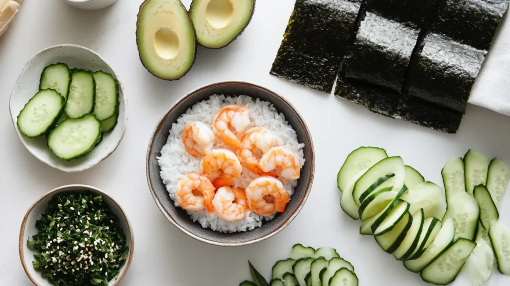 Fresh ingredients for making a Boston Roll, including shrimp, avocado, cucumber, and sushi rice.