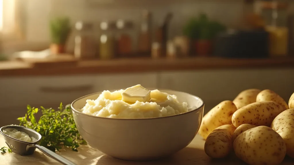 Bowl of creamy mashed potatoes with a butter topping.