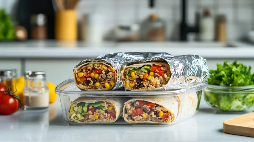 Meal-prepped breakfast burritos wrapped in foil and stored in containers