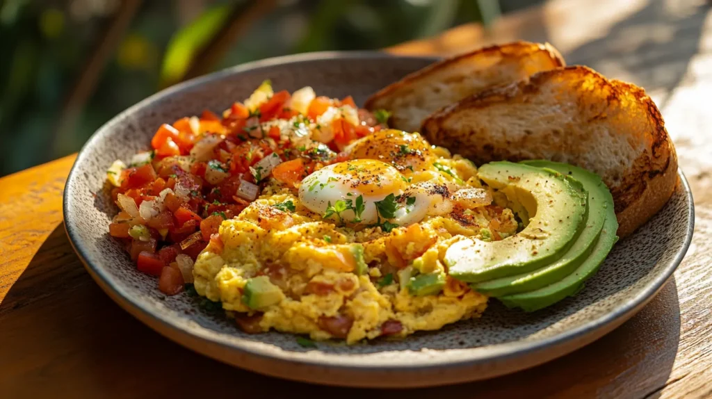 Air fryer hash browns with scrambled eggs and avocado.