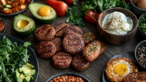 A selection of breakfast sausages with healthy breakfast sides on a table.