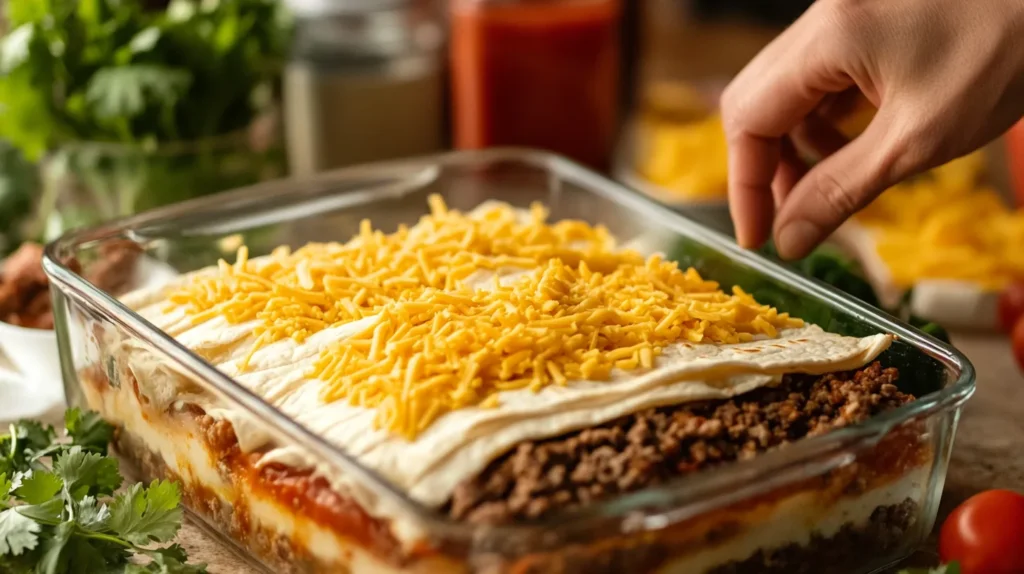 Layering tortillas, seasoned meat, cheese, and toppings in a casserole dish for a taco bake recipe.