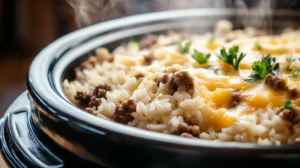 Slow cooker cheesy hamburger and rice dish with melted cheese on top