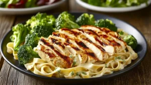 A plate of chicken broccoli alfredo with chicken, broccoli, and pasta in creamy sauce.