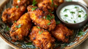 Crispy fried chicken pieces glazed with tangy sauce on a plate with tartar sauce on the side.