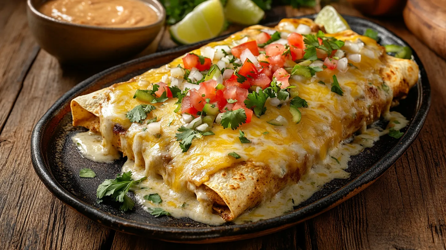 A plate of chicken enchiladas with melted cheese and fresh garnishes