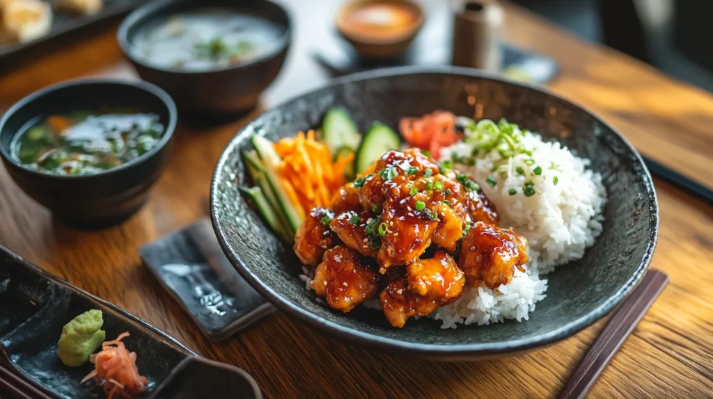 A full meal with crispy chicken, steamed rice, miso soup, and pickled vegetables