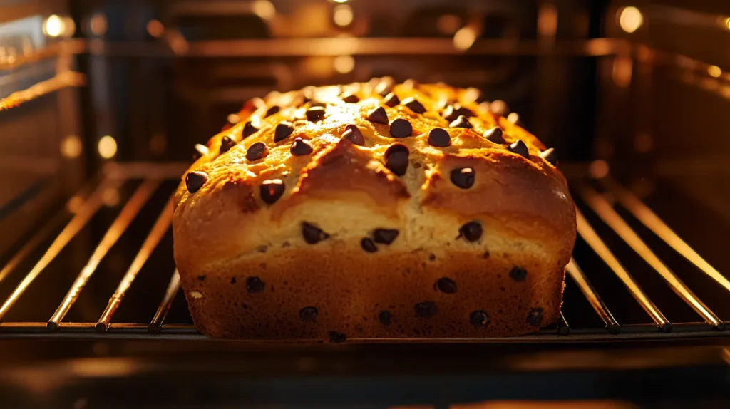 Chocolate chip bread baking in the oven, golden and puffing up.