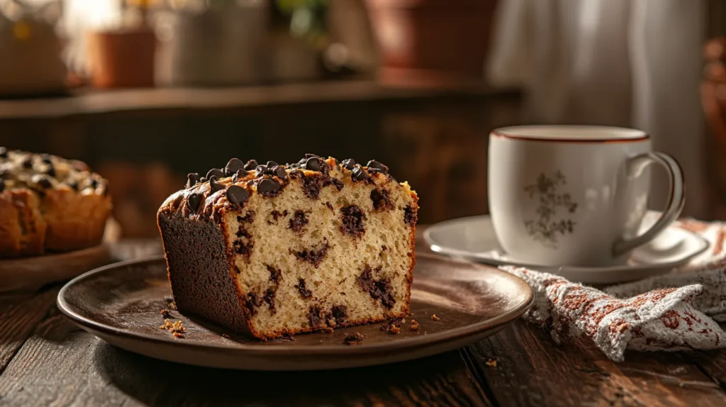 A slice of chocolate chip bread served with a cup of coffee on a rustic plate.