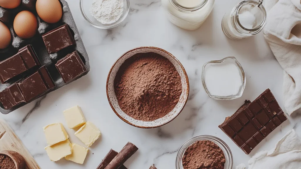 Flat lay of ingredients for chocolate pound cake.