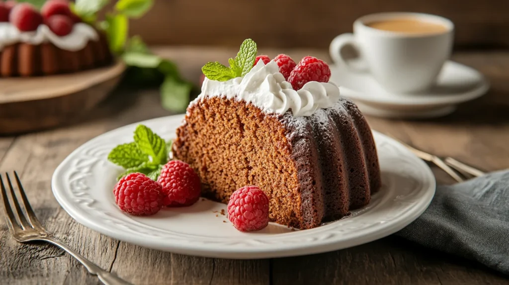 Chocolate pound cake served with whipped cream and raspberries.