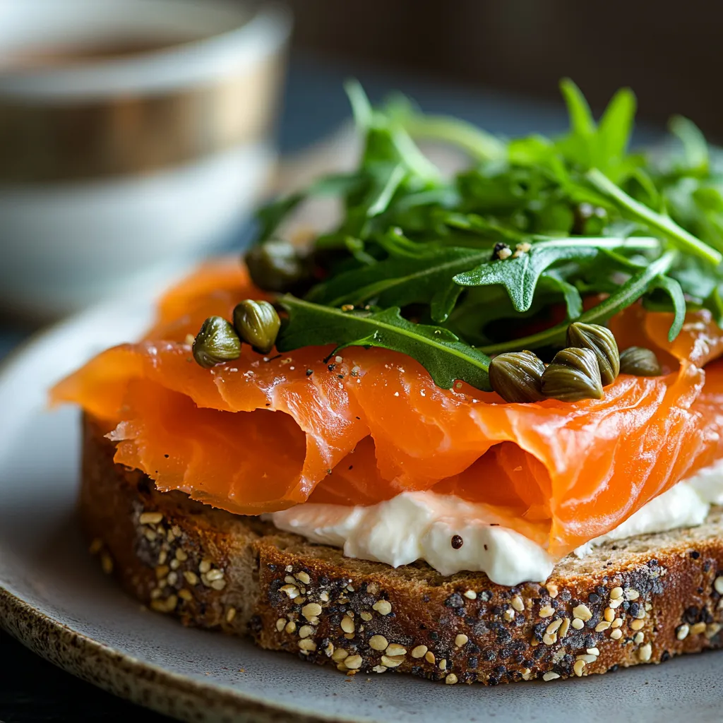  Smoked salmon sandwich with cream cheese and capers on rye bread.