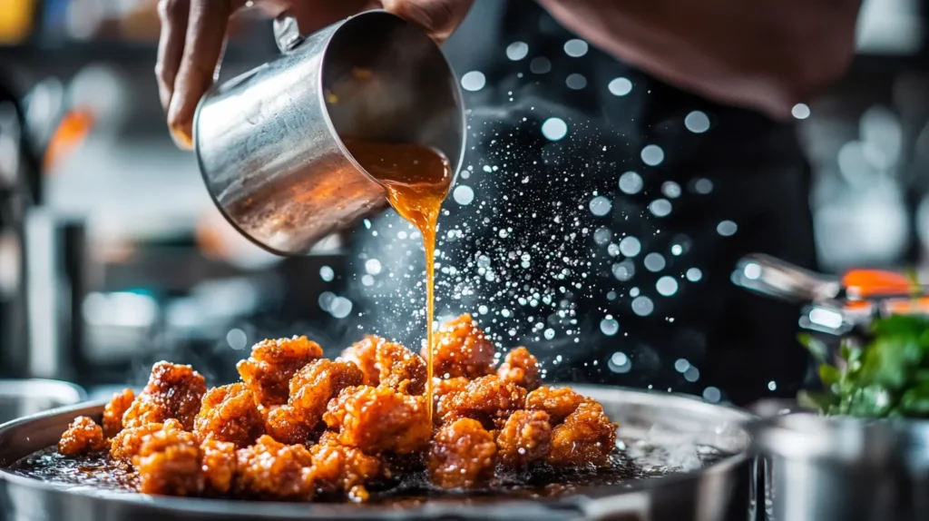 A step-by-step process of frying chicken and pouring sauce.