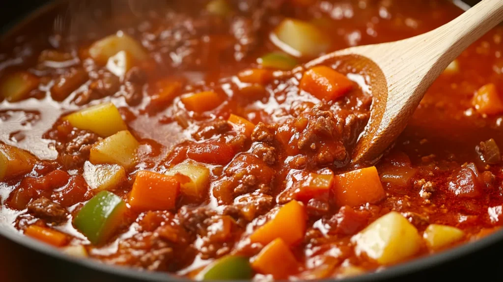 Goulash simmering in a pot with rich paprika sauce.