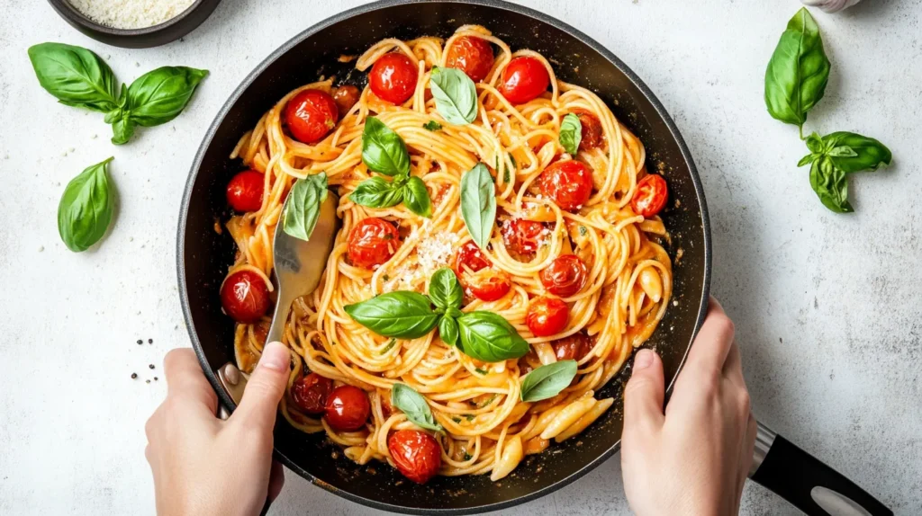 A chef stirring pasta in a pan with fresh tomatoes and basil.