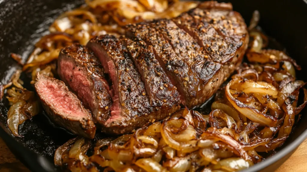 Searing a steak in a skillet with onions and garlic.