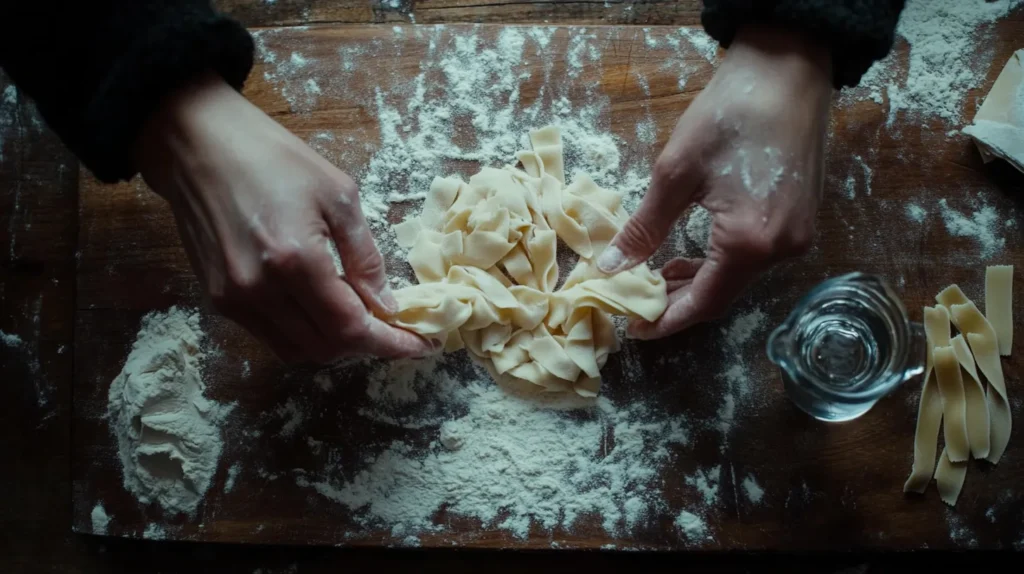 Hands shaping fresh pasta dough into small twists on a wooden board.