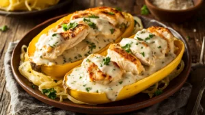 Creamy chicken alfredo spaghetti squash served in roasted squash shells.