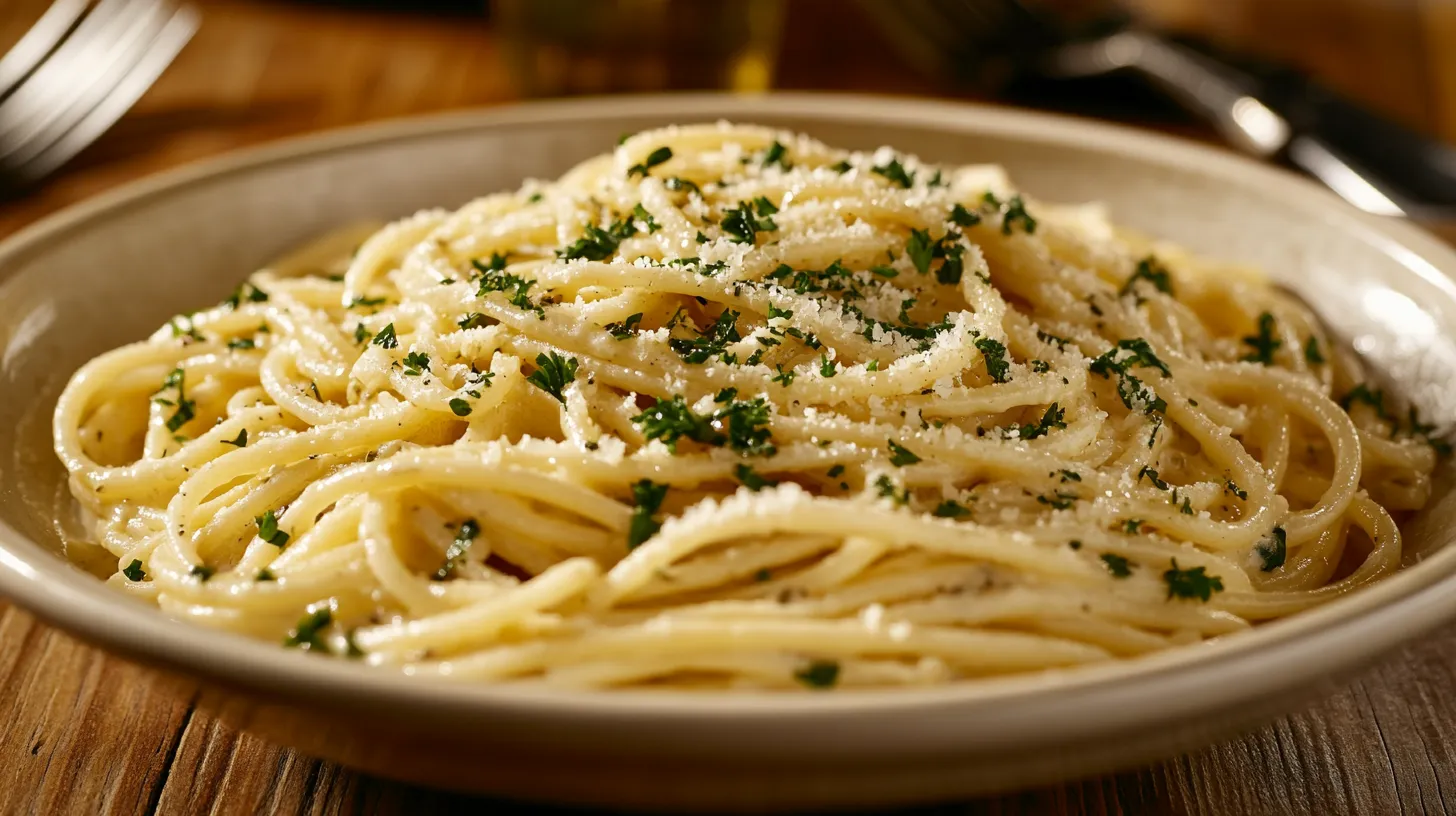 A plate of creamy garlic butter pasta garnished with fresh parsley.