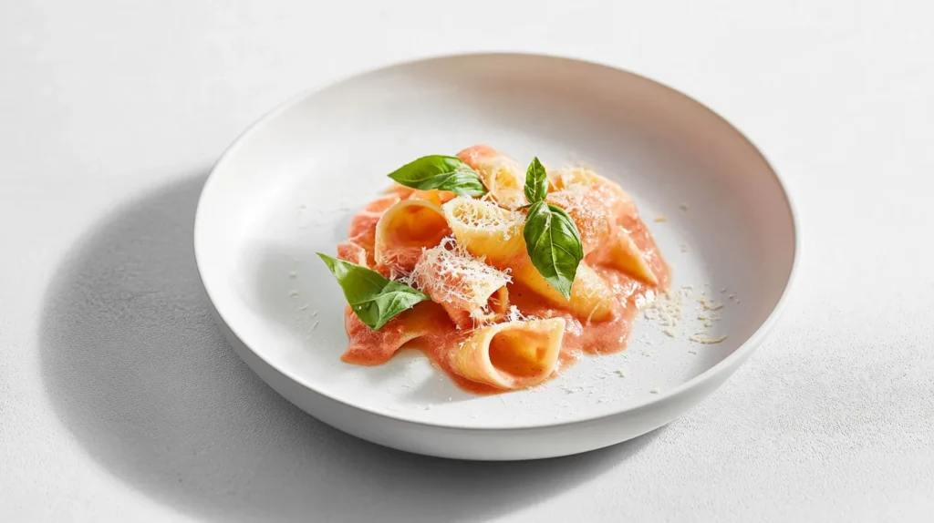 Penne alla vodka served on a white plate with a basil garnish.