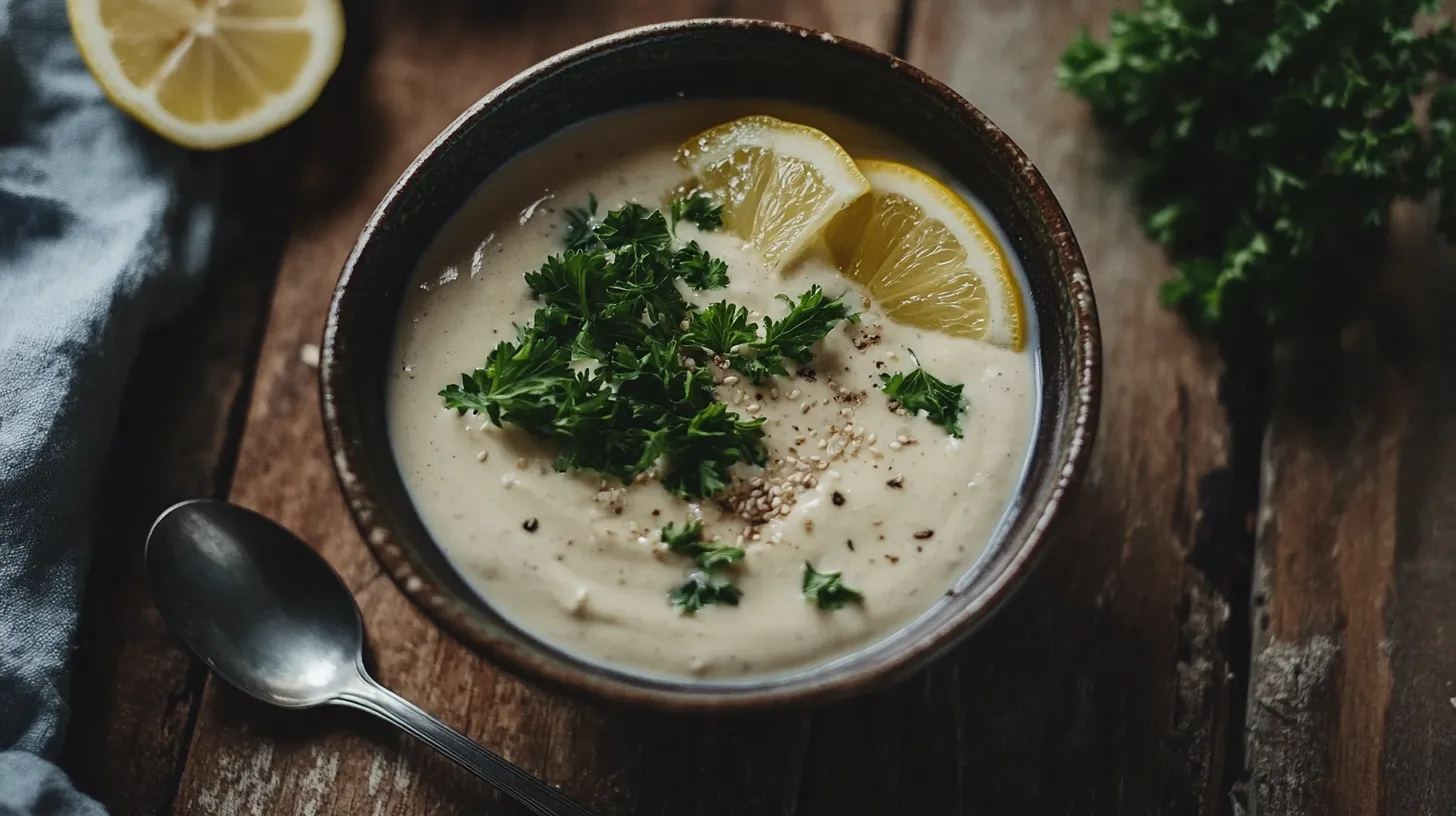 Bowl of creamy tahini yogurt sauce garnished with fresh herbs