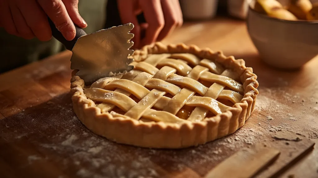 Decorative pastry strips being cut with a beef wellington dough cutter for a lattice pie crust