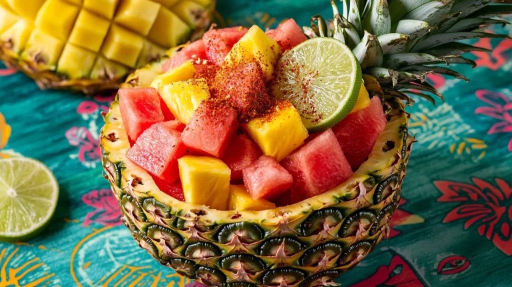 Mexican fruit salad served in a hollowed-out pineapple