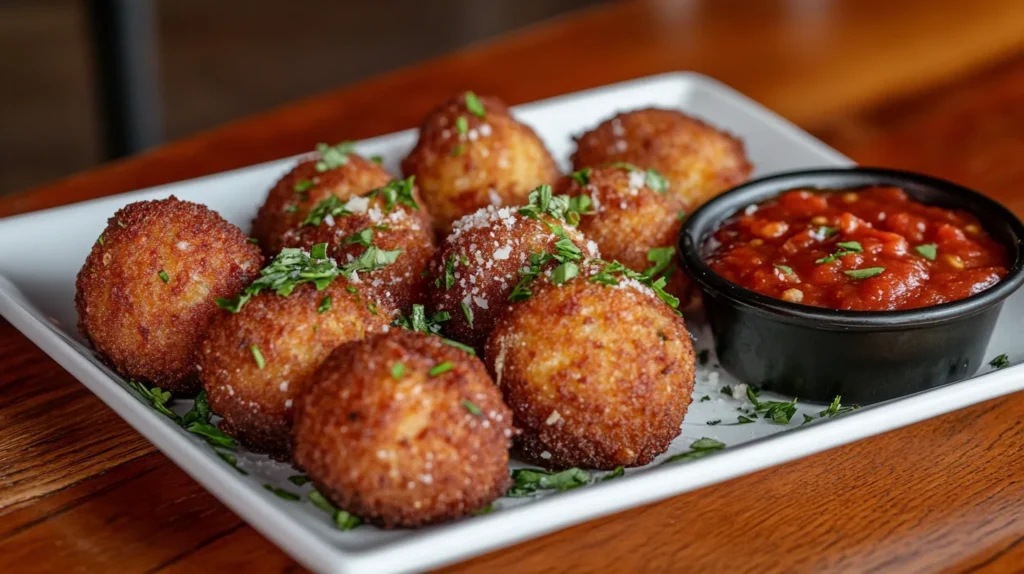 Golden crispy arancini balls with a dipping sauce.