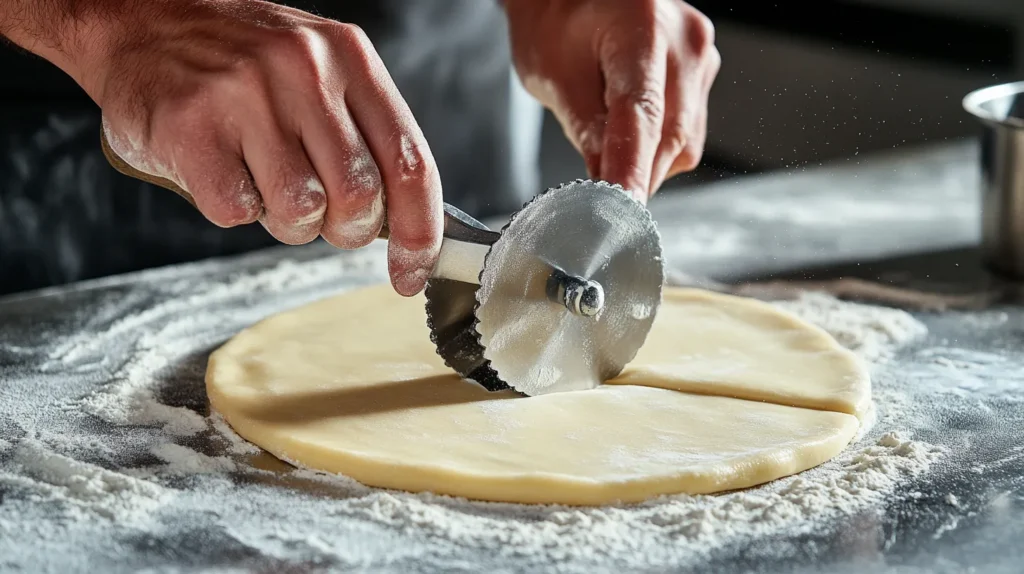 A chef using a beef wellington dough cutter to create clean edges on rolled pastry.