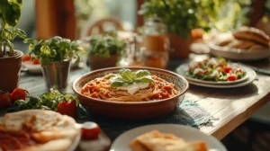 A beautifully set table featuring vegan Italian dishes