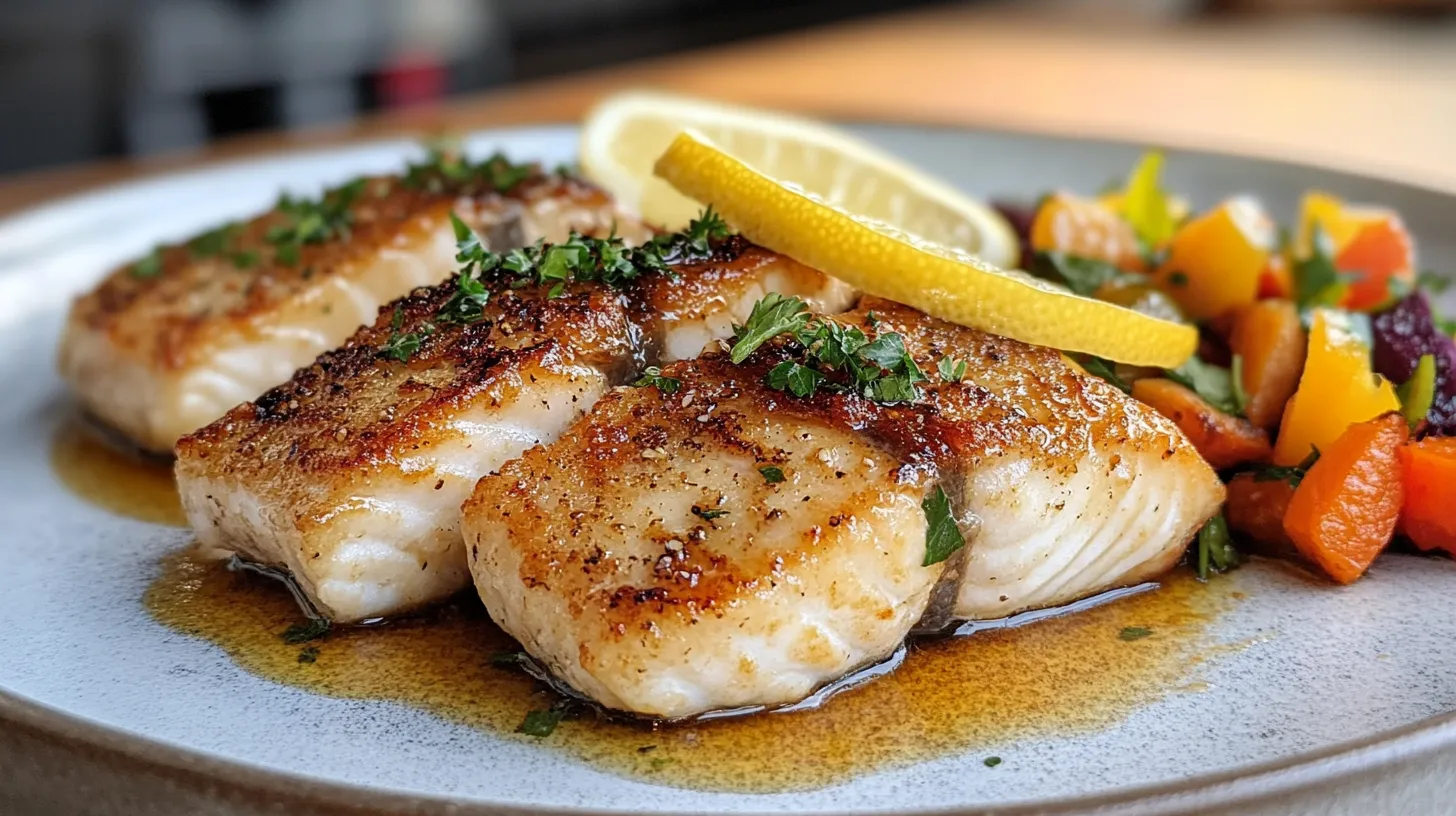 Freshly cooked rockfish fillets garnished with herbs and lemon slices.