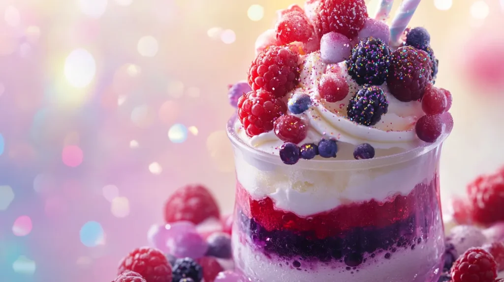 A glass jar filled with layers of fresh berries and whipped cream.